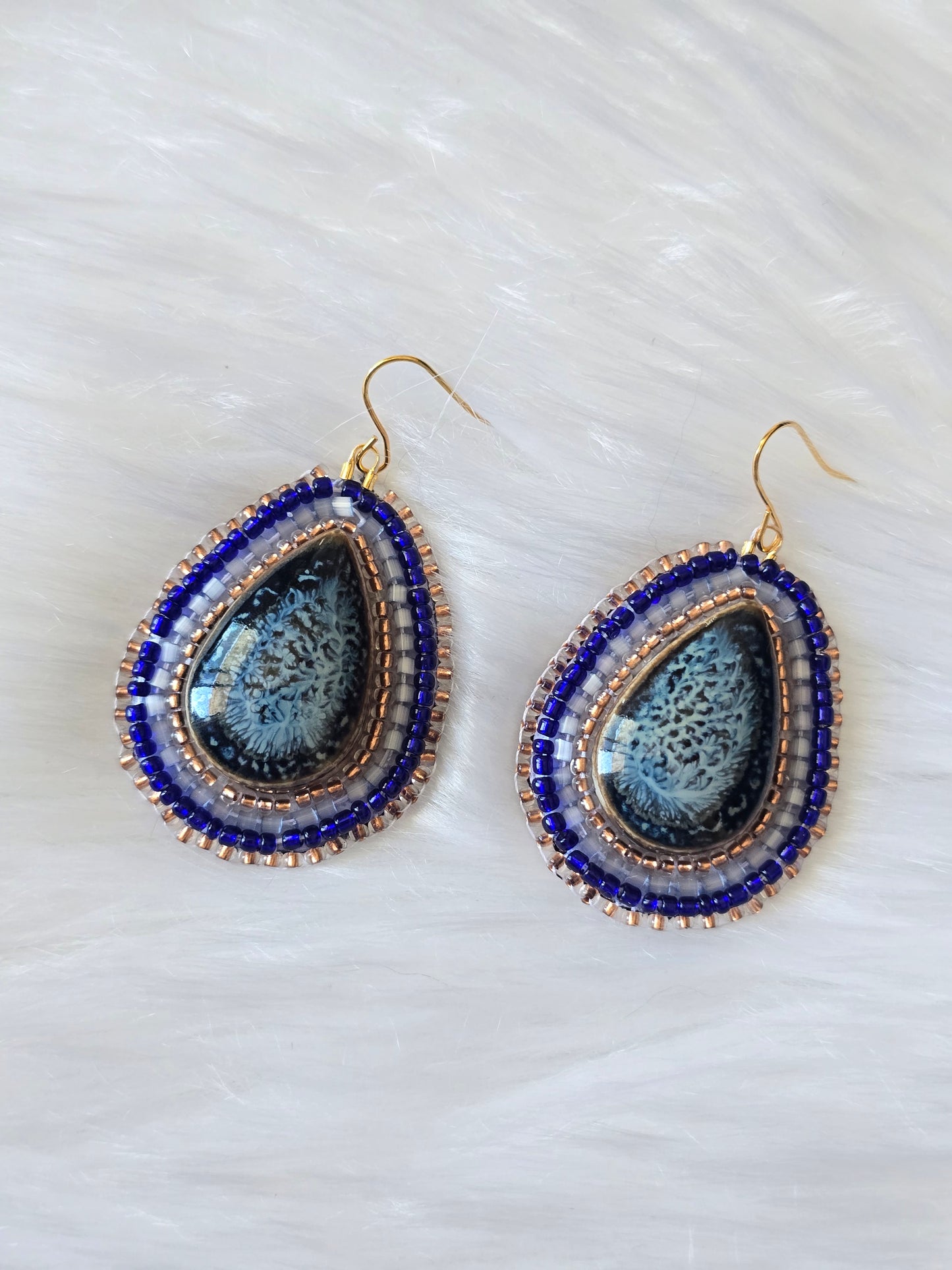 Blue and Gold ceramic cab earrings