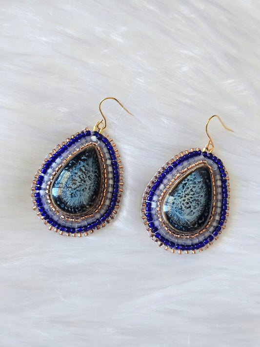 Blue and Gold ceramic cab earrings